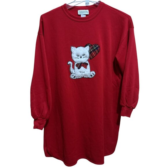 Vtg Y2K Brushed Fun Fur Cat Sweatshirt Dress Long Sleeve Crew Neck Red/Plaid  L - Picture 2 of 6